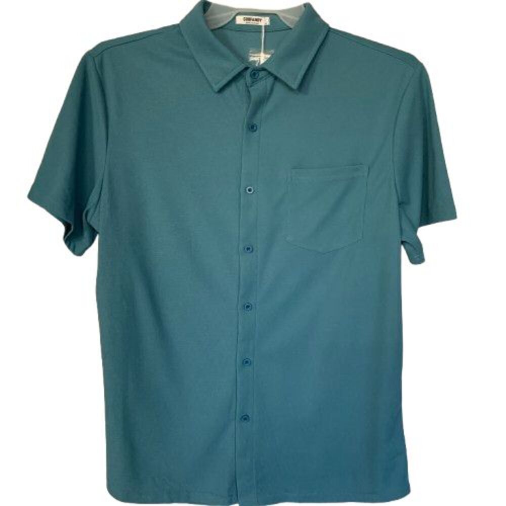 NWT Mens M Teal Button Up Shirt Short Sleeve Stretch Casual Summer Beach Resort